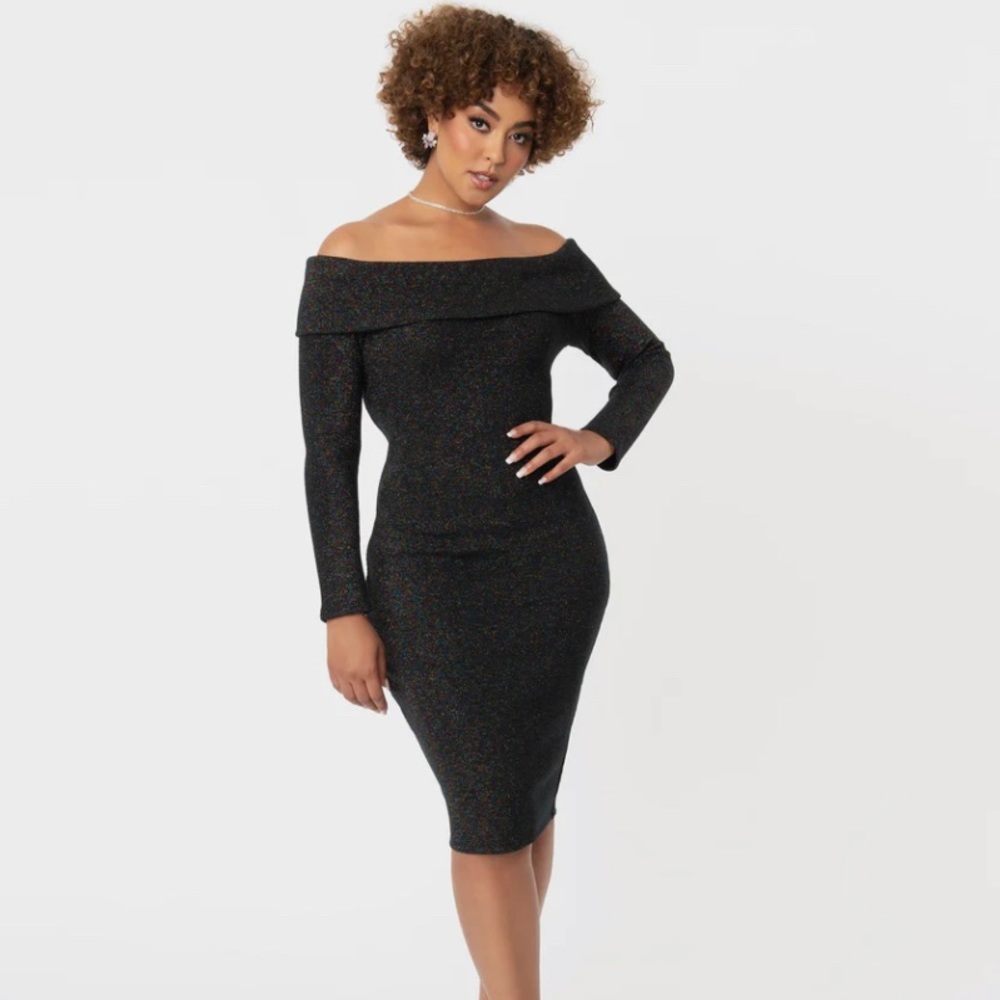 Unique Vintage Black & Rainbow Sparkle Vickie Wiggle Dress Size L (10/12)